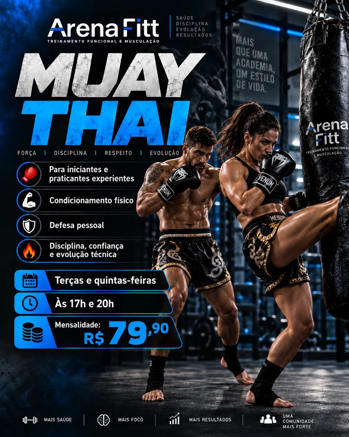 Aulas de Muay Thai na Arena Fitt em São Francisco/MG — terças e quintas, turmas às 17h ou às 20h, mensalidade R$ 79,90